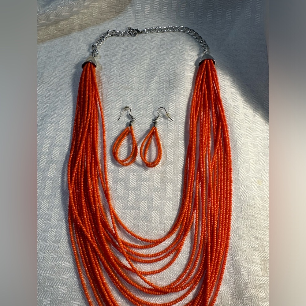 Orange Seed Bead Necklace Set